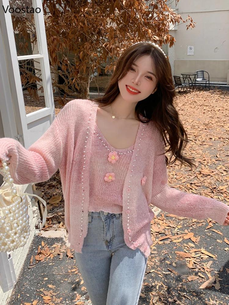 Autumn Sweet Pink Knitted Cardigan 2 Piece Set Women Casual Camisole + Flowers Pearl Sweater Coat Female Elegant Loose Clothing