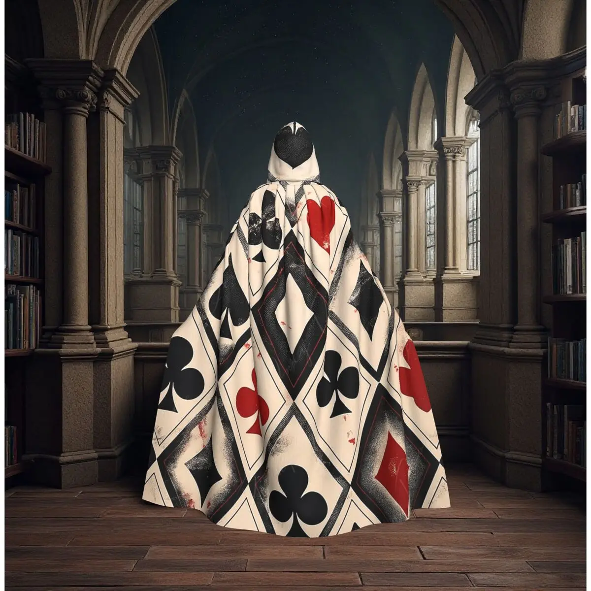 

Gothic Queen Of Hearts And Ace Of Spades Playing Card Long Hooded Cloak Witch Medieval Costume Cosplay Cape HalloweenParty Adult