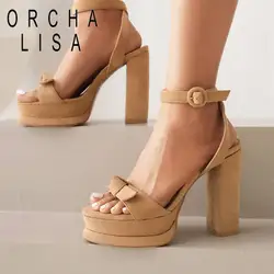 ORCHA LISA Sandały damskie Flock Peep Toe Buckle Strap Bowk Chunky Heel 13cm Double Platform 3.5cm Dating Shoes Big Size 43