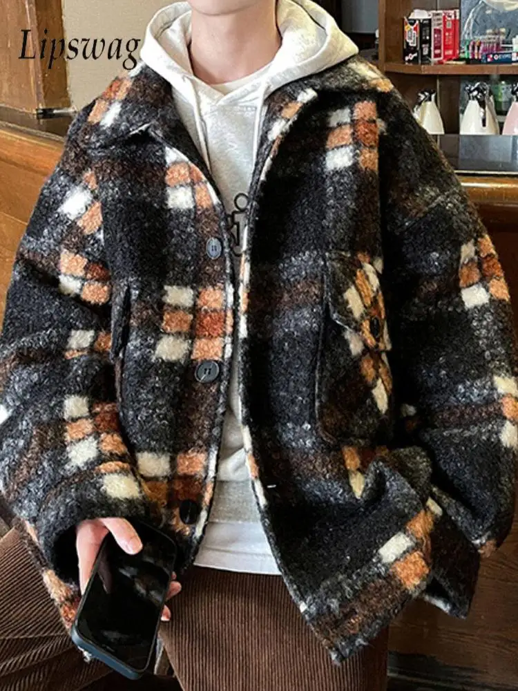 

Fashion Plaid Woolen Jacket For Men Streetwear Vintage Button-up Lapel Long Sleeve Cardigan Tops Mens Spring Casual Outerwear