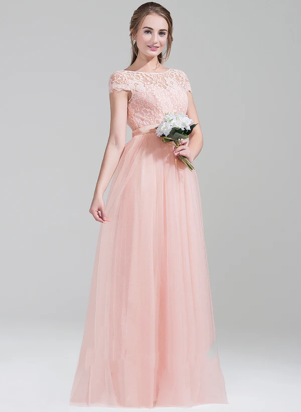 FATAPAESE Bridesmaid Dress  A-Line/Princess Scoop Neck Floor-Length Tulle Lace Wedding Guest  Dress With Bow Party Gown