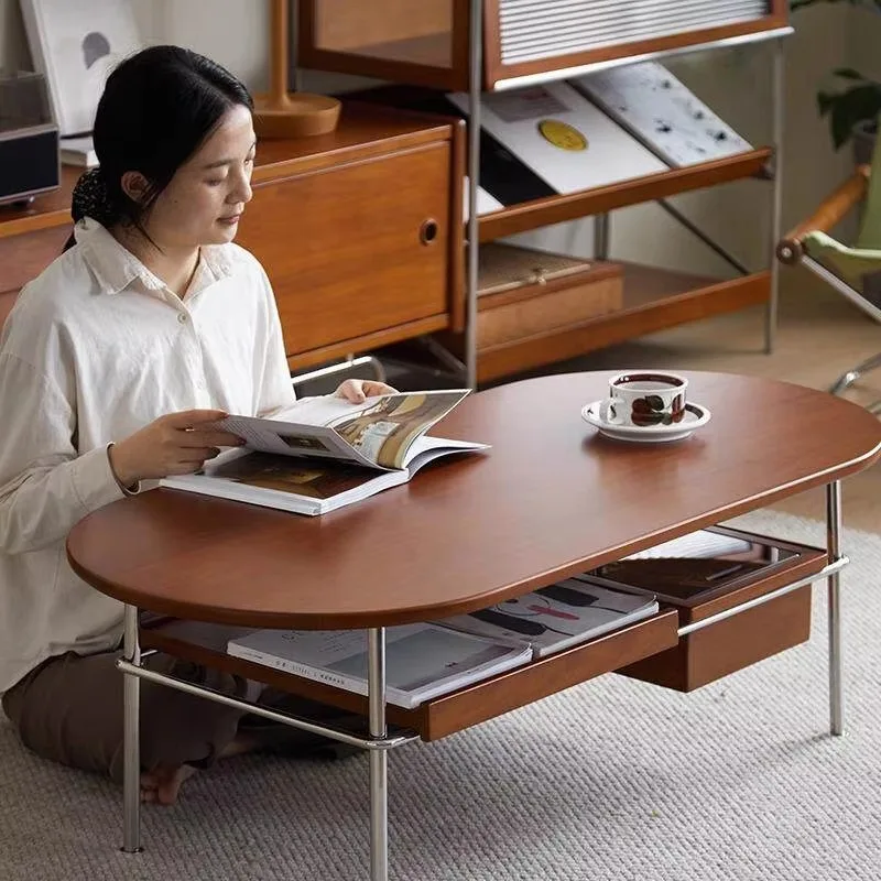 Mid-Century Modern Solid Wood Coffee Table Stainless Steel Frame Japandi Style Designer Living Room Center Table Luxury Villa