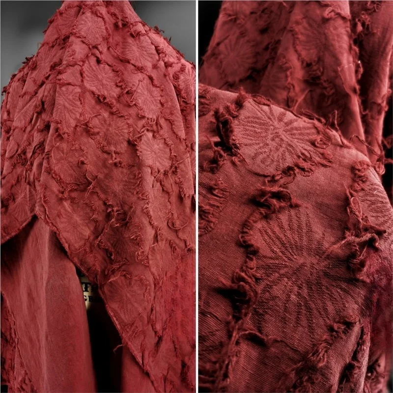 

Red dark fringed cotton and linen jacquard fabric hand-cut washed recreated designer