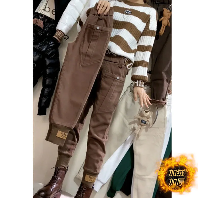 New Elastic High Waist Solid Pocket Loose Casual Washed Cotton Sportspants Female Trousers Autumn Winter Women Harem Pants 2025