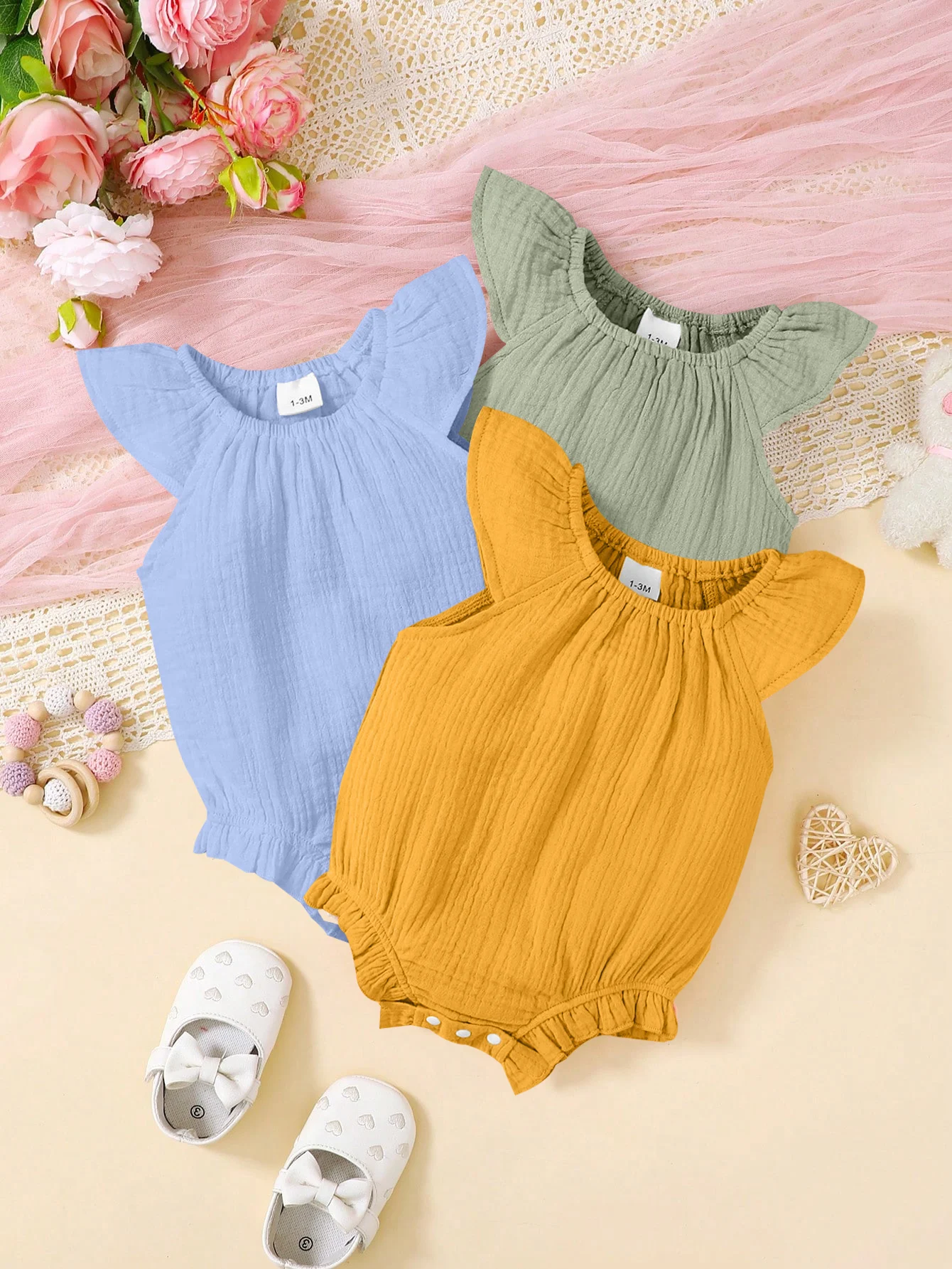 Baby Girl Three-Piece Set Triangle Romper Pure Color round Neck Short Sleeve Casual Comfortable Versatile Simple Cute
