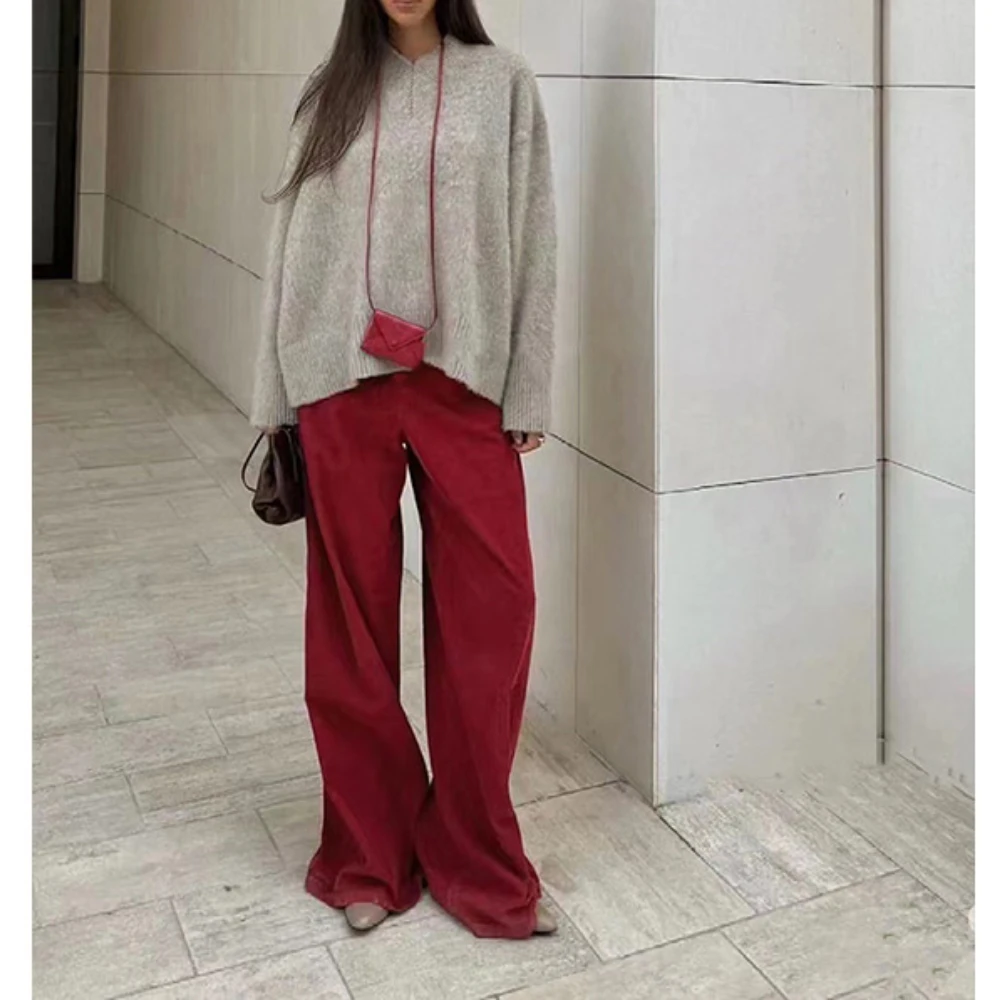 Women's Red Christmas Corduroy Wide-legged Pants Early Fall New Trailing Casual Pants Loose and Thin Sweatpants