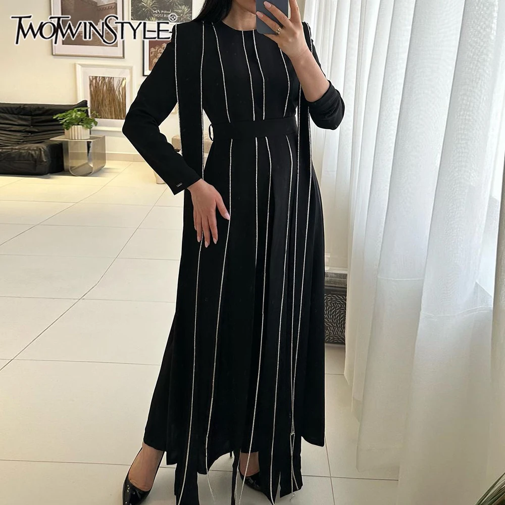 TWOTWINSTYLE Patchwork Tassel Dresses For Women Round Neck Long Sleeve High Waist Hit Color Elegant Dress Female Fashion 2024