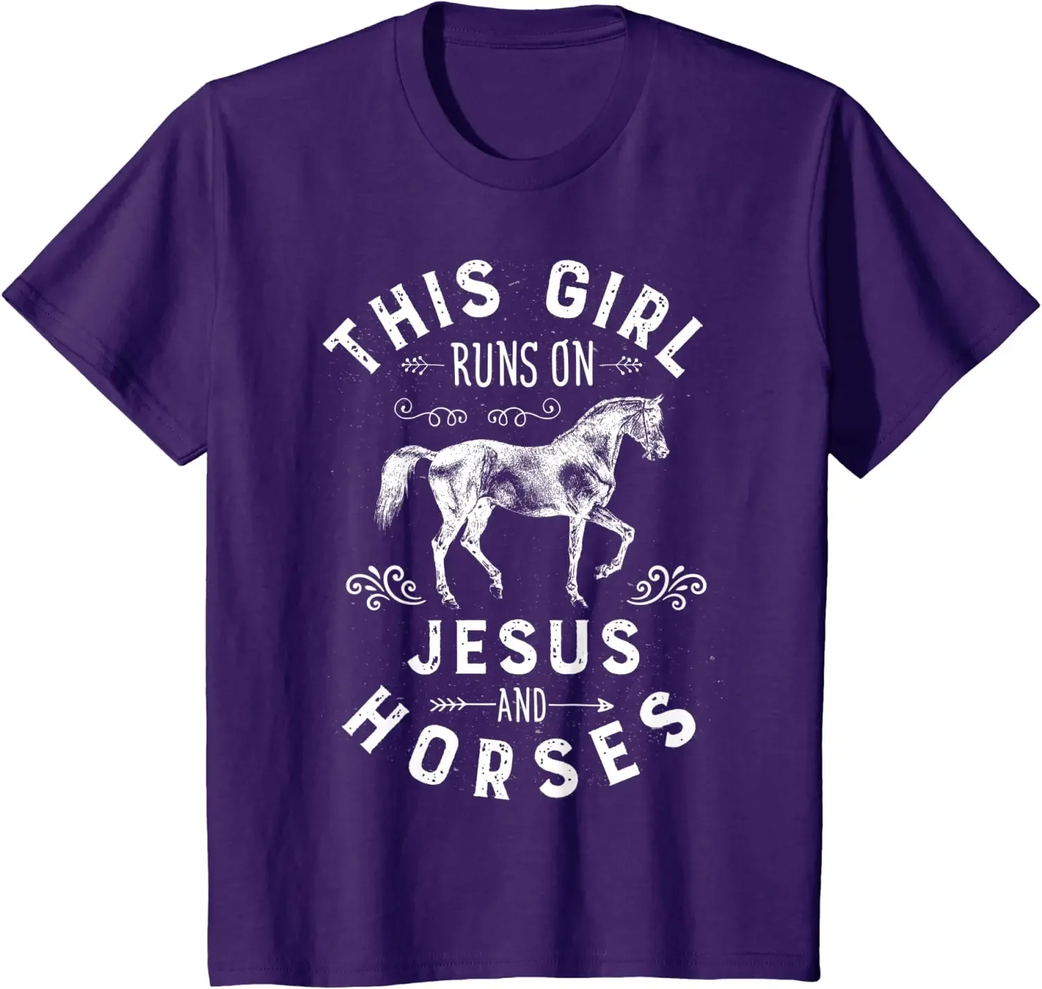 This girl is wearing Jesus and Horse Riding T-shirt, running sports O-neck short sleeve T-shirt.