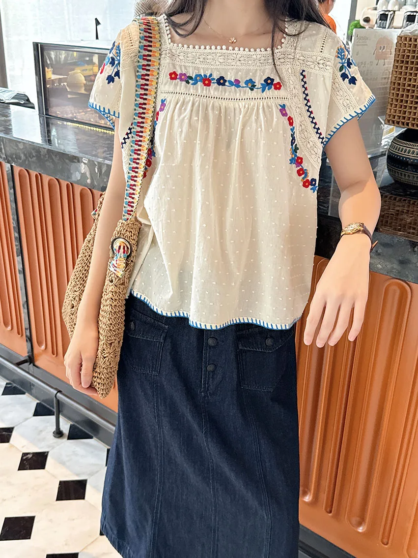 

Женский топ свободного кроя с квадратным вырезом, кружевными вставками, вышивкой цветами и 3D-узором в горошек, в стиле кантри, дышащий