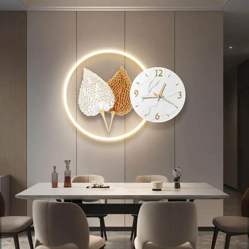Restaurant three-dimensional clock decoration painting, modern and simple LED light mural, crystal porcelain hanging painting