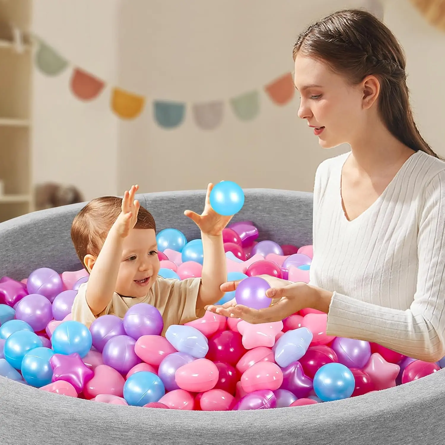 Ball Pit Ballen 100 Paars Blauw Roze, Plastic Ballen voor Peuters Ftalatvrij BPA-vrij Verpletterende Ballen in Herbruikbaar Speelspeelgoed