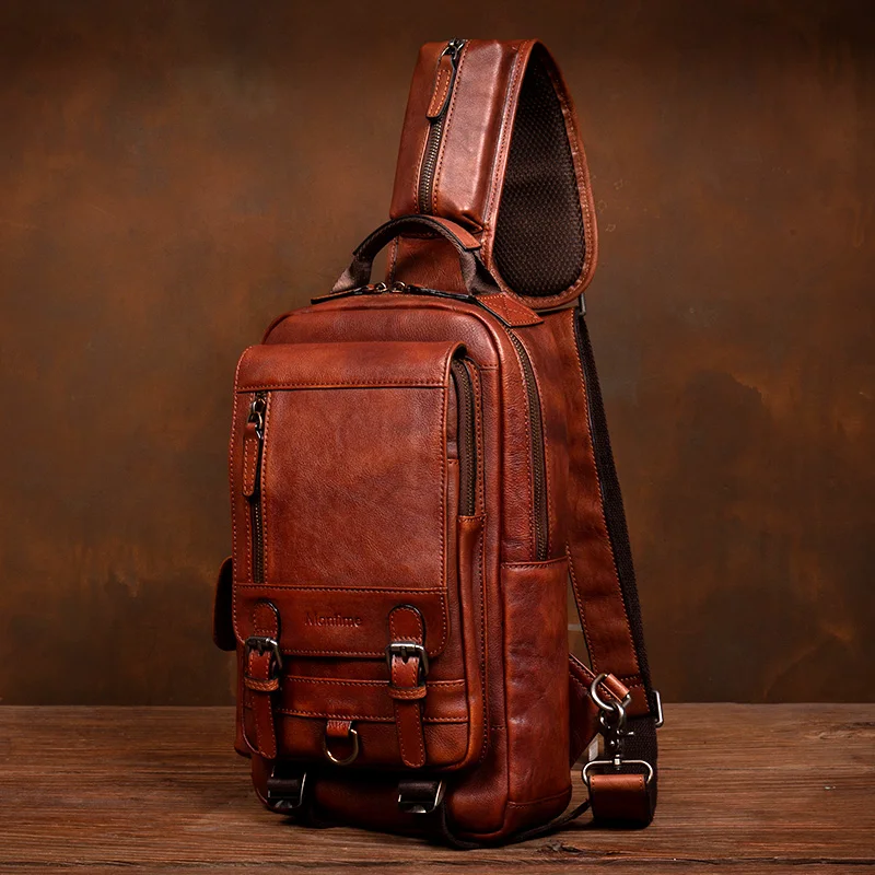 Men's Handmade Leather Chest Bag, Casual Crossbody Bag, Top-Grain Vegetable-Tanned Cowhide Single-Shoulder Bag