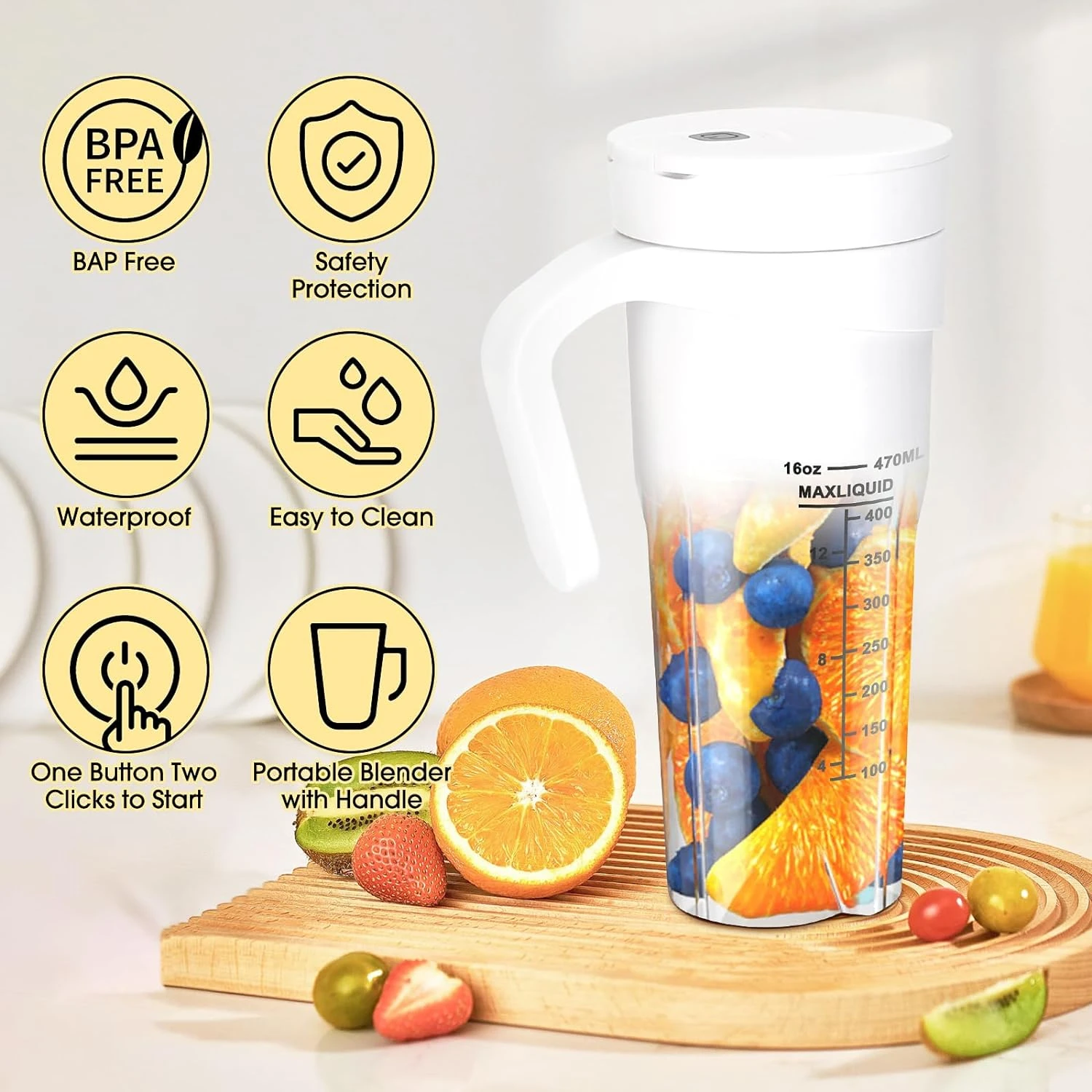 Portable USB Rechargeable Mini Blender for Shakes and Smoothies, 16 Oz Personal Size Juicer with 6 Blades, Convenient for Sports