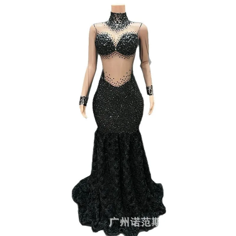 

Premium Black Sexy Mesh See-through Dress Adult Model Catwalk Trendy Clothes Annual Meeting Host Dress Stage Performance Dresses