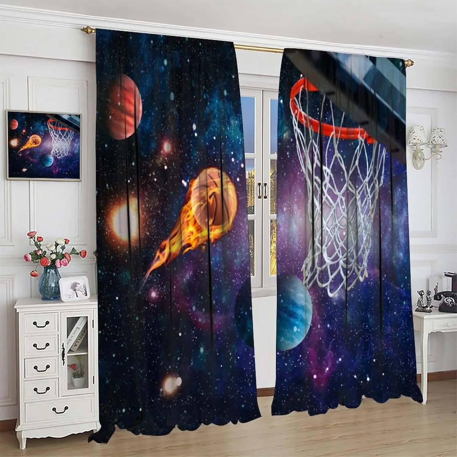 Basketball Window Curtains,Galaxy Planet Basketball Hoop Sports Window Treatments for Teens Bedroom Living Room Outer Space