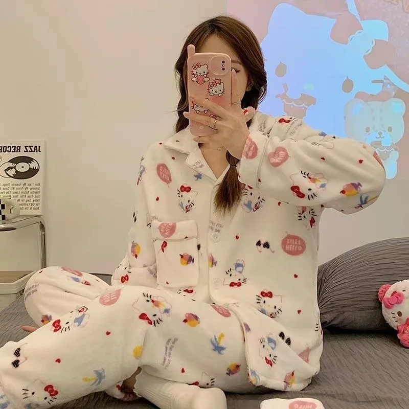 Japanese Pajamas Sanrio Kuromi Winter Plush Pajamas Set Women Hello Kitty Melody Cinnamoroll Home Clothing Set Fashionable Cute