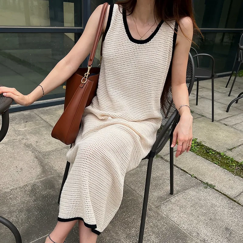 U الرقبة المرقعة عطلة محبوك فستان طويل المرأة الصيف فو الكتان مستقيم البلوز ميدي فستان الشمس الإناث ملابس امرأة 2025