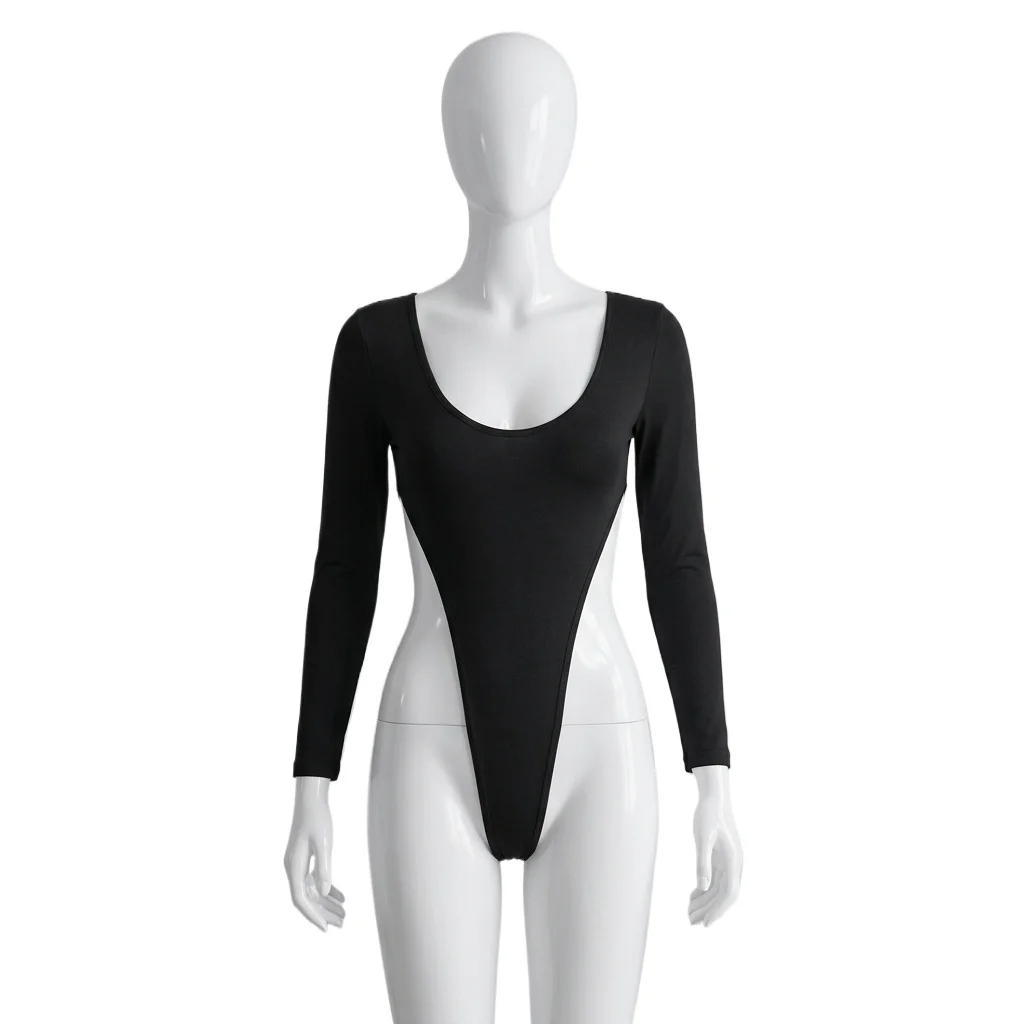 2026 Women's Long Sleeve Bodysuit Deep U Neck High Cut Sexy High Leg Leotard Thong Form Fitting One Piece