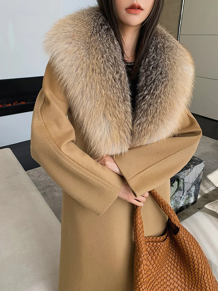 Women Cashmere Cardigan With Fur Natural Silver Fox Fur Coat Long Wool Blends Coat Rela Fur Collar Cuffs 2024 Best Selling