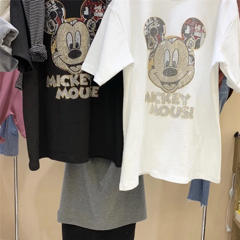 Cartoon Mickey Brand Design Hot drill Donna Girocollo Comodo T-shirt a mezza manica da donna Top di tendenza allentato Popolare in Corea