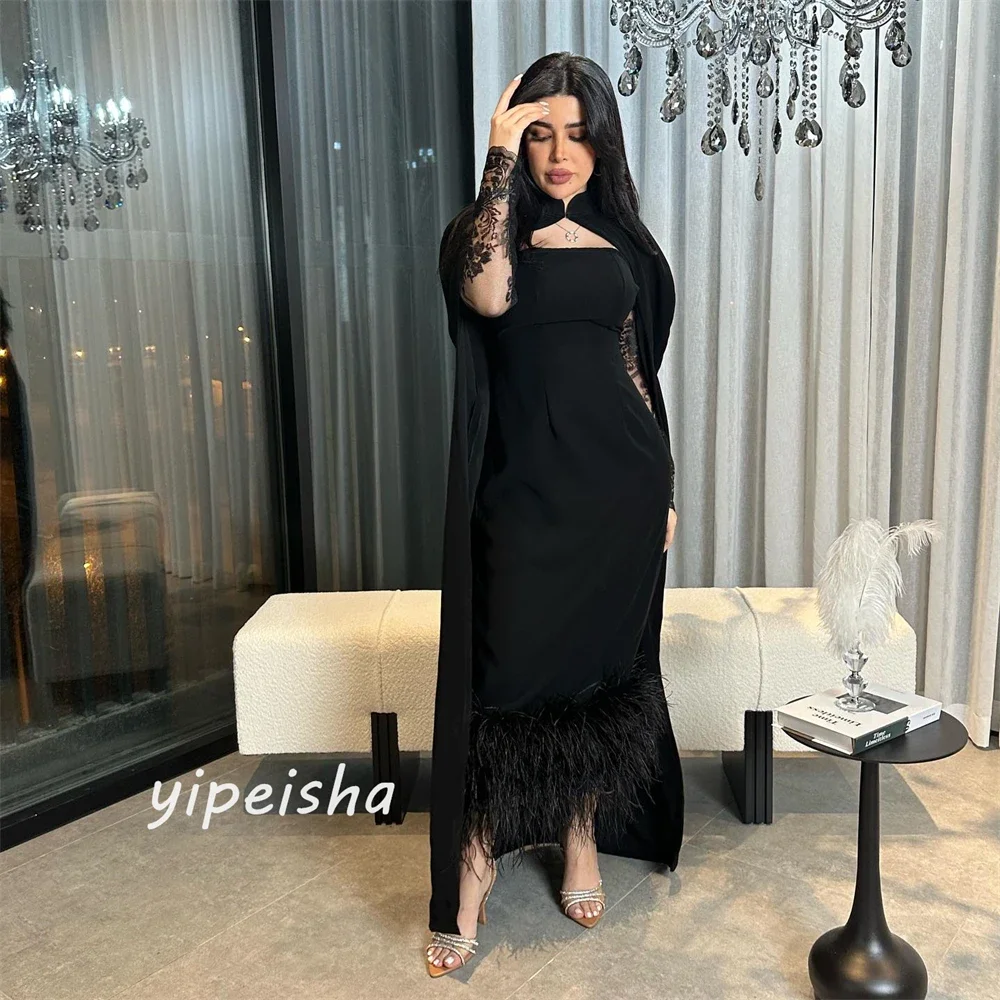 Customized  Prom Gown Jersey Feather Applique Ruched Celebrity A-line Off-the-shoulder Exquisite High Quality Occasion Dresses