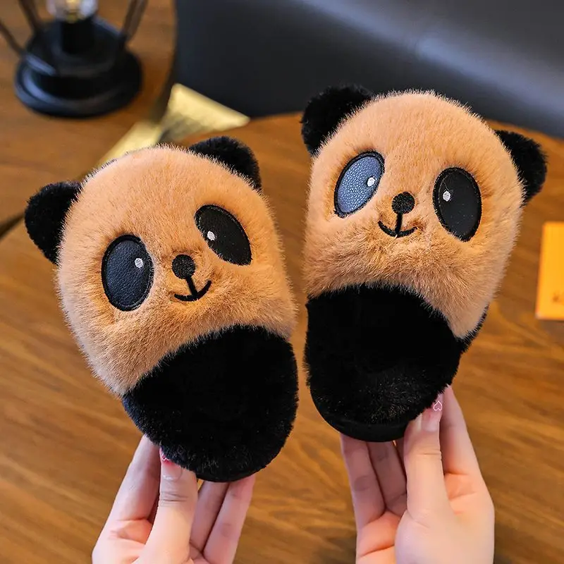 Kids Winter Warm Cotton Slippers Cute Cartoon Panda Design Non Slip Soft Furry Sole Comfort Home Shoes for Boys Girls