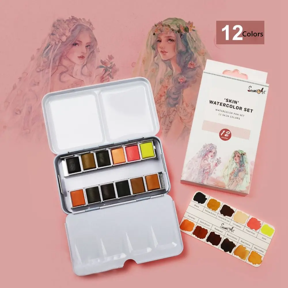 Metal 12 Color Solid Watercolor Set Ocean Color Portable Watercolor Paint Set Foldable Convenient to Use Metal Box with Palette