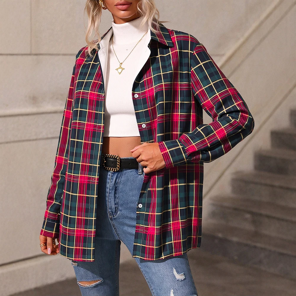 

Mia Muse Women's Shirts Autumn Fashion Basics Contrast Color Plaid Single Breasted Long Sleeve Shirt Collar Shirts