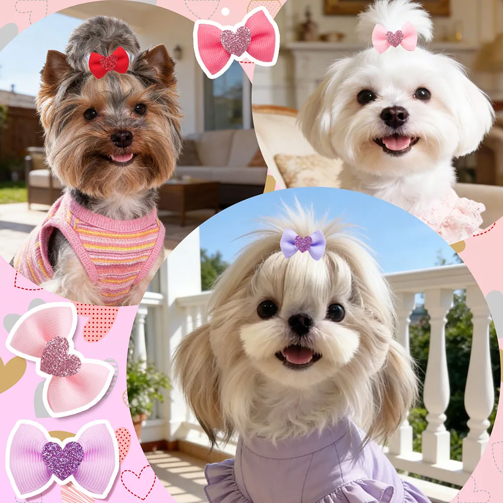 10/20/30PCS Solid Colors Dog Bows With Rubber Bands Handmade Heart Decoration Puppy Bows Cute Pet Hair Accessories For Dogs
