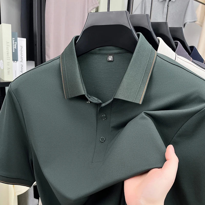 

Летняя мужская новая стильная футболка с короткими рукавами и лацканами из шелкового шелка, дышащая универсальная высококачественная бесшовная рубашка-поло для мужчин