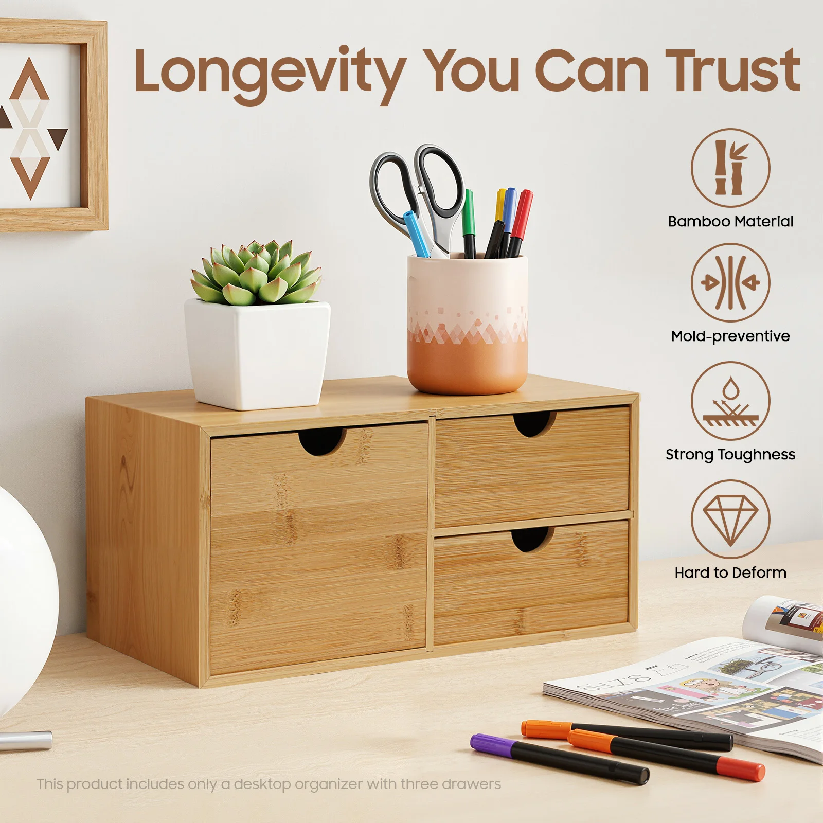 

Органайзер для стола из бамбука | Трехуровневый ящик для хранения канцелярских принадлежностей | Декор и принадлежности для домашнего офиса | Не требует сборки