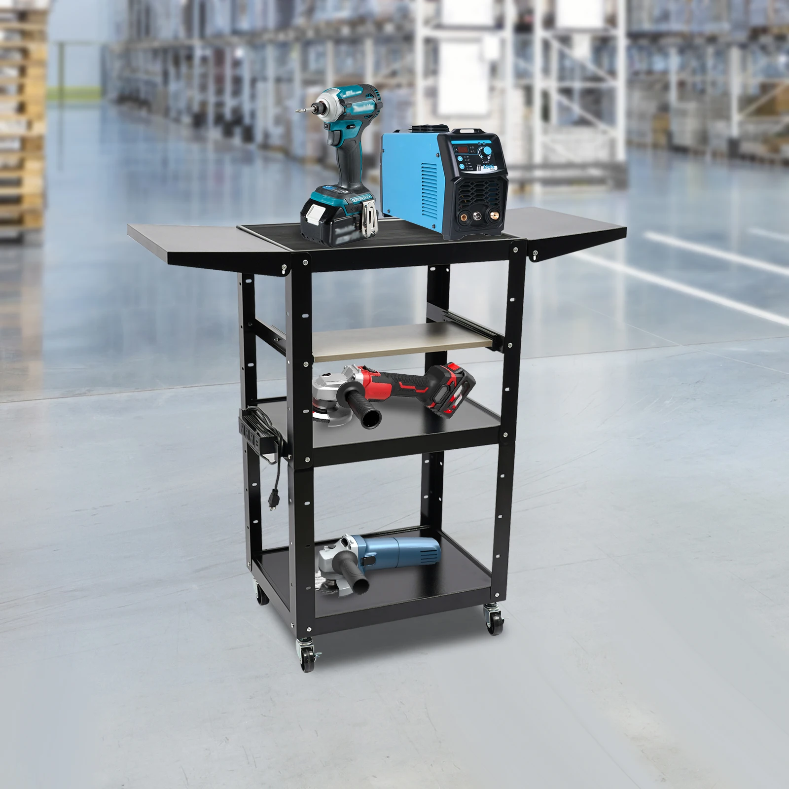 

Black Carbon Steel Three-story Cart 46.25x18x41.75 Inch Mobile Workstation Computer Display Desk with Brake Wheel