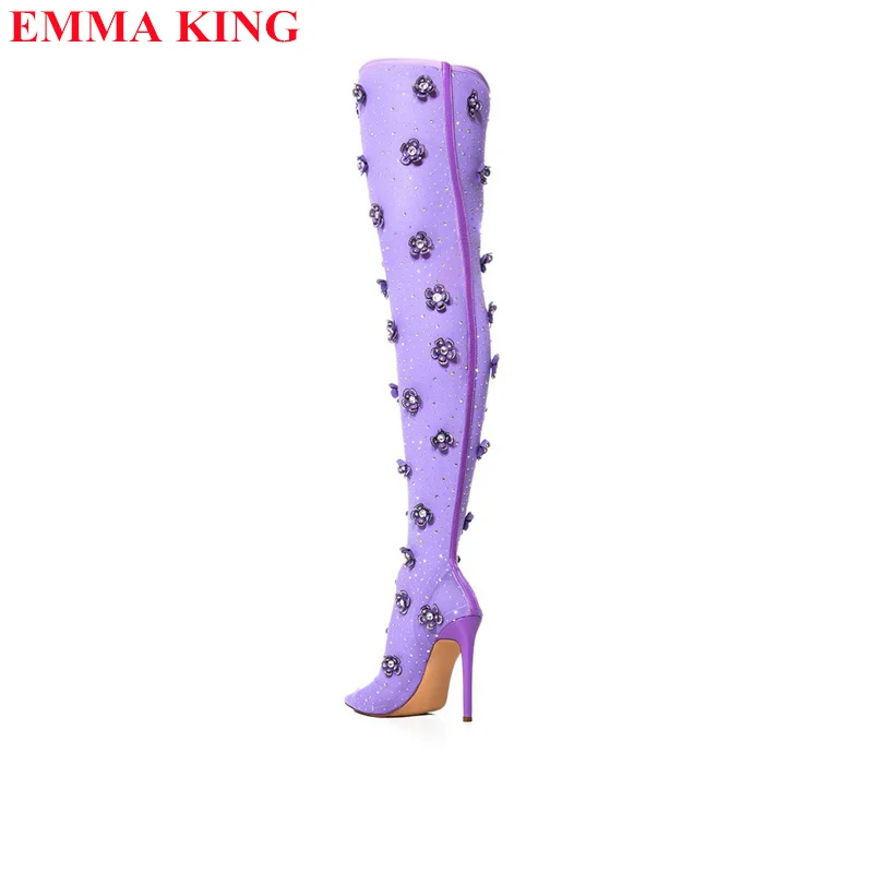 New Purple Flower Crystal Over The Knee Boots Autumn Stretch Fabric Women\'s Long Boots Pointed Toe Thigh High Heeled Boots Women