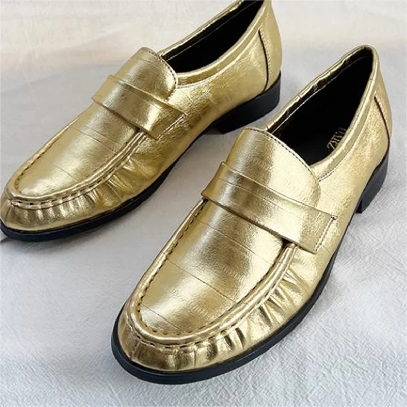 Pleated Shoes for Women Round Toes Chassure Femme Sewing Lines Female Loafers Shallow Ladies Leather Stitching Zapatos De Mujer