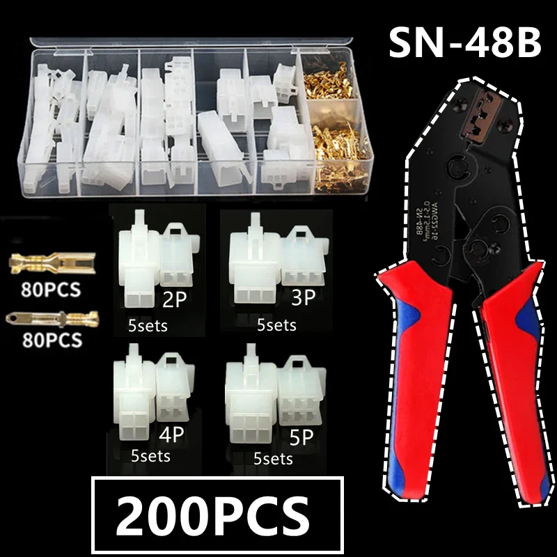 200PCS 2.8mm 2/3/4/6 Pin Automotive Male Female Cable Terminal Motorcycle Plugs Electrical Wire Connector SN-48B Crimp Plier Kit