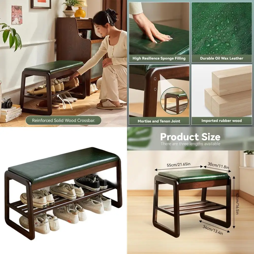 

Wooden Entryway Bench with Shoe Storage and Cushion, 2-Tier Cabinet for Home Foyer