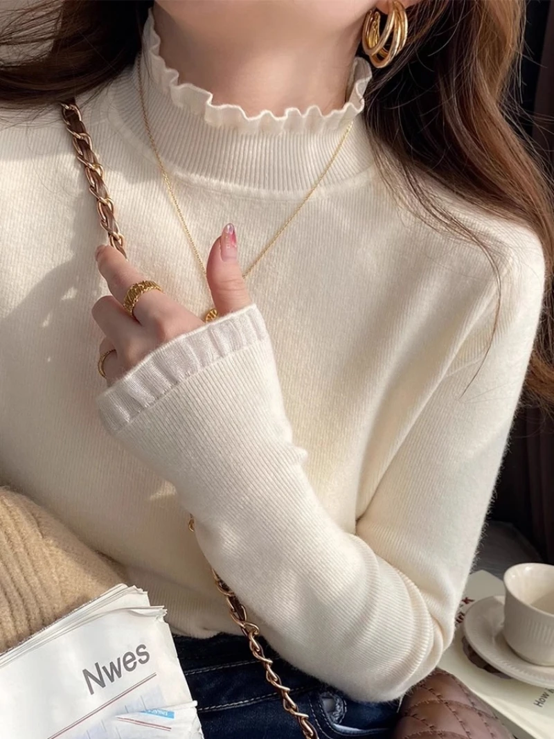 

Neck Ruffles Sweater Long Sleeve Knitted Bottoming Solid Pullovers Women Inner Wear Autumn/Winter Basic Casual Long Sleeve B26