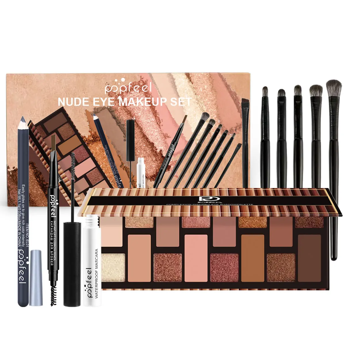 POPFEEL Nude Eye Makeup Set - 12-Color Eyeshadow Palette, Eyeliner, Mascara, & 7pcs Brush Set -Reusable & Long-Lasting Cosmetics