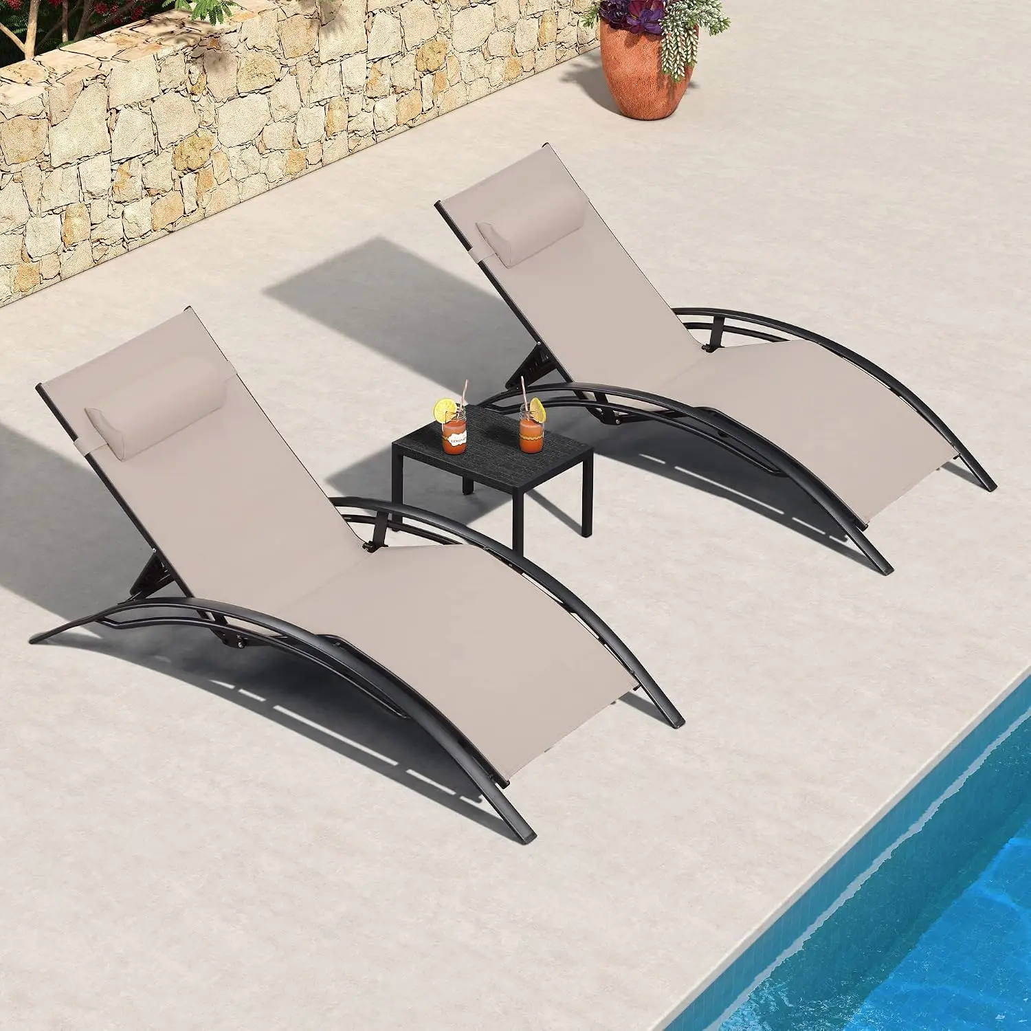 Oversized Pool Chaise Lounge Chair Beige Aluminum Frame Quick-Dry UV Stackable S-Curve 5 Recline Angles Headrest, Customized