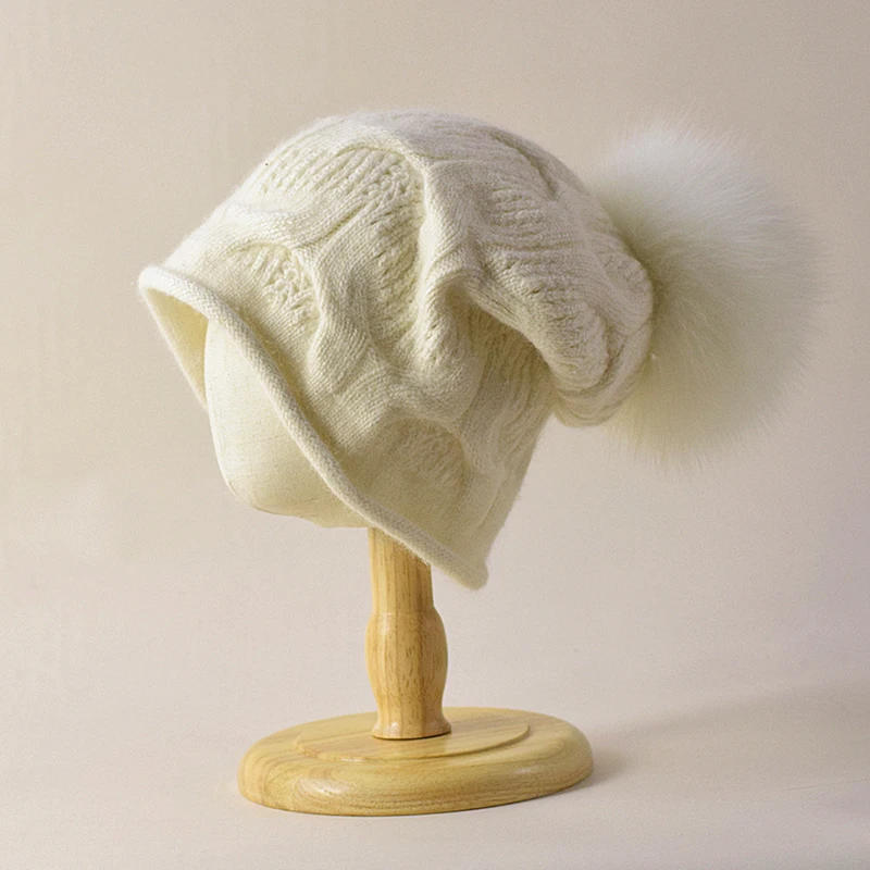 

Hat Pompom Women Winter Angora Wool Knit Beanie Slouchy Real Fox Fur Autumn Warm Skiing Accessory For Sports Outdoors