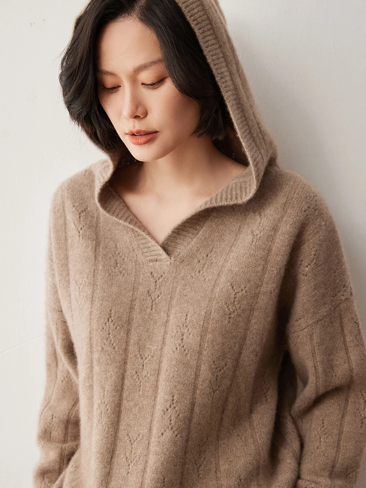 

Preppy Style Hooded Hollow Out V-neck 100% Cashmere Knitted Women's Pullovers Chic Basic Soft Warm Sweater Autumn Winter Tops