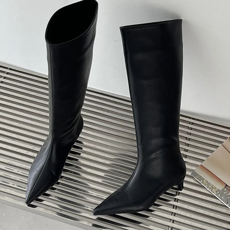 Fashion Women Knee High Boots Slip On Shoes Low Heels Pointe Toe Ladies Shoes Female Footwear Western Modern Long Boots