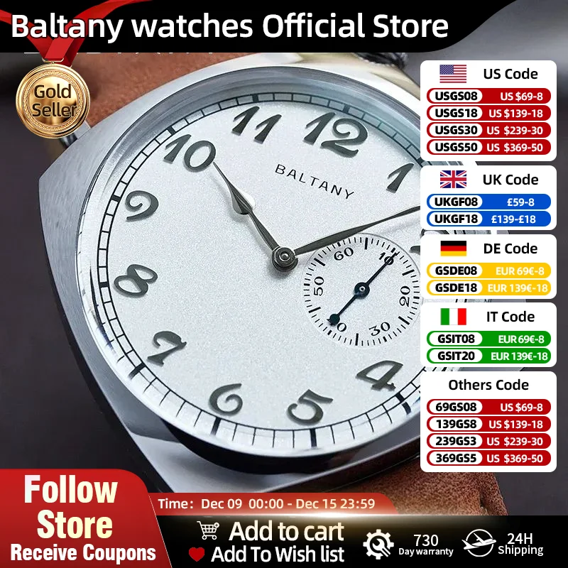 Baltany 1921 relógio homenagem vintage s4046 sub-segundo gaivota 1701 cockeyed salmão dial quadrado caso masculino relógio de pulso de aço inoxidável