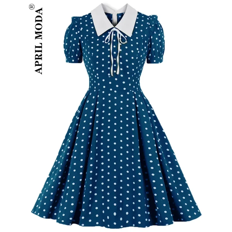 فستان نسائي Cy2022 أخضر عتيق 50s 60s منقطة مطبوعة بأكمام قصيرة وياقة مقلوبة Rockabilly A Line Party Jur LE51