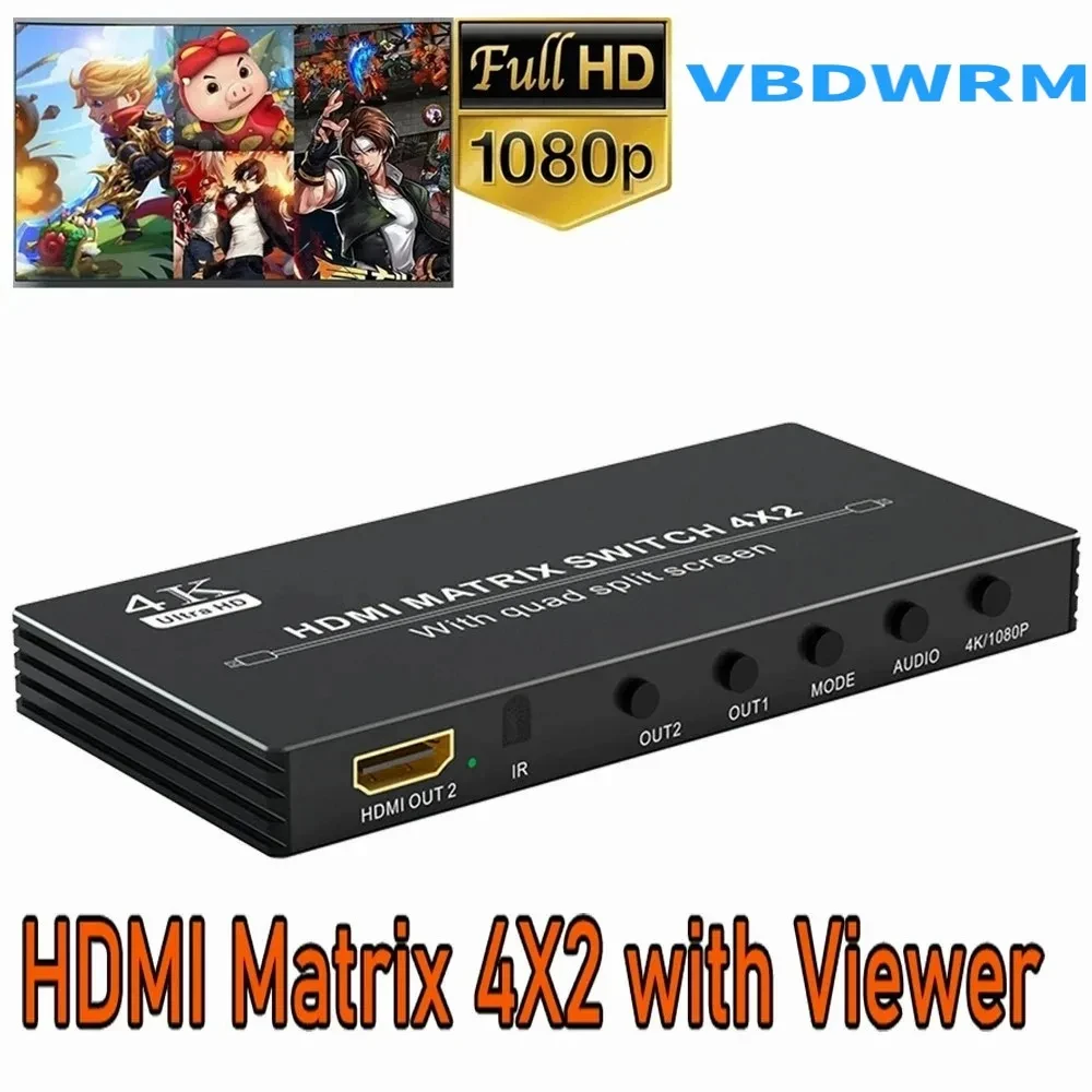 4K HDMI Matrix Switcher 4X2 HDMI Quad Multi-Viewer Spilt Screen Multiviewer Dual Monitor 4in1 Converter With Seamless Switch