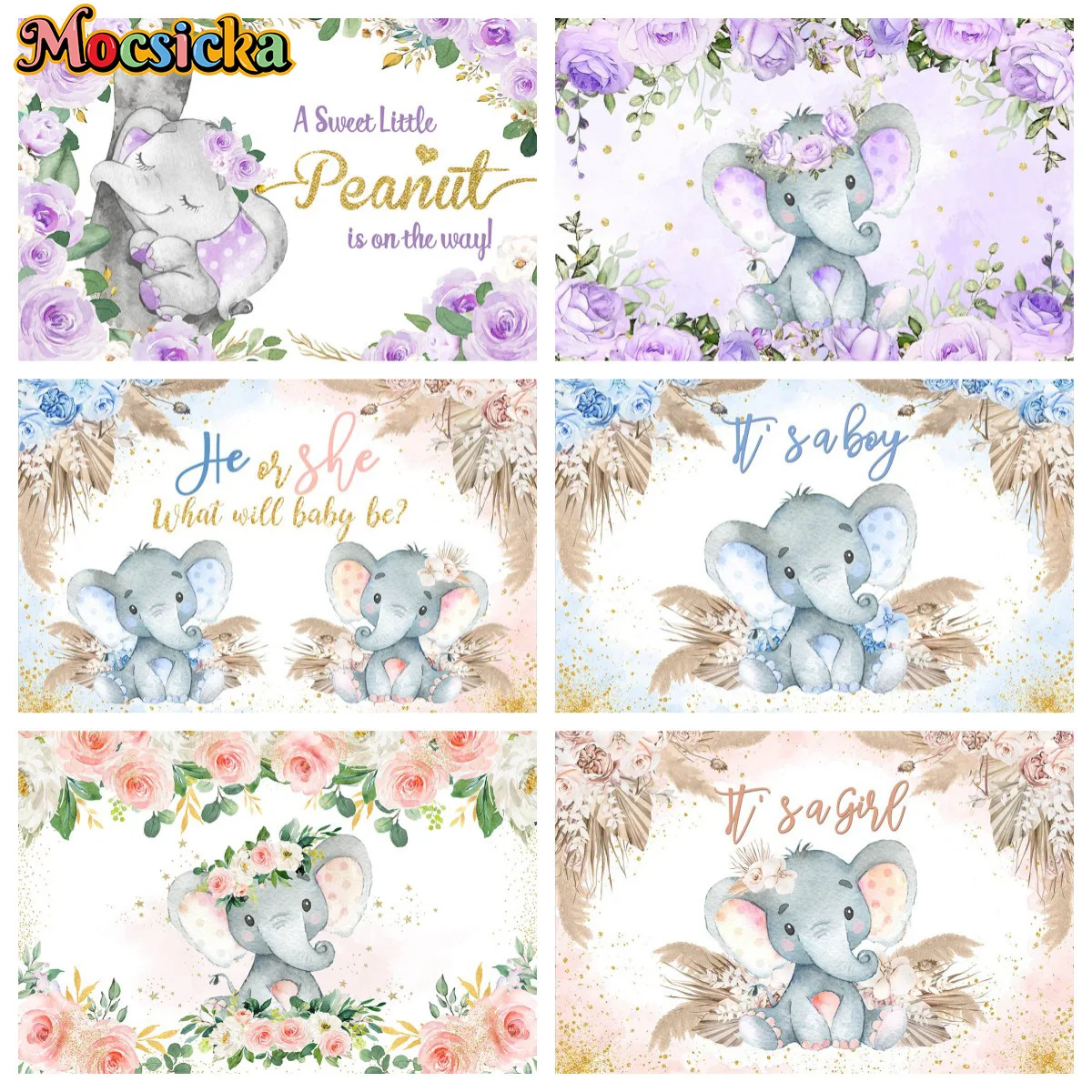 

Newborn Photography Backdground Baby Elephant Flowers 1st Birthday Baby Shower Decor Backdrop Kids Photo StudioText Customrized