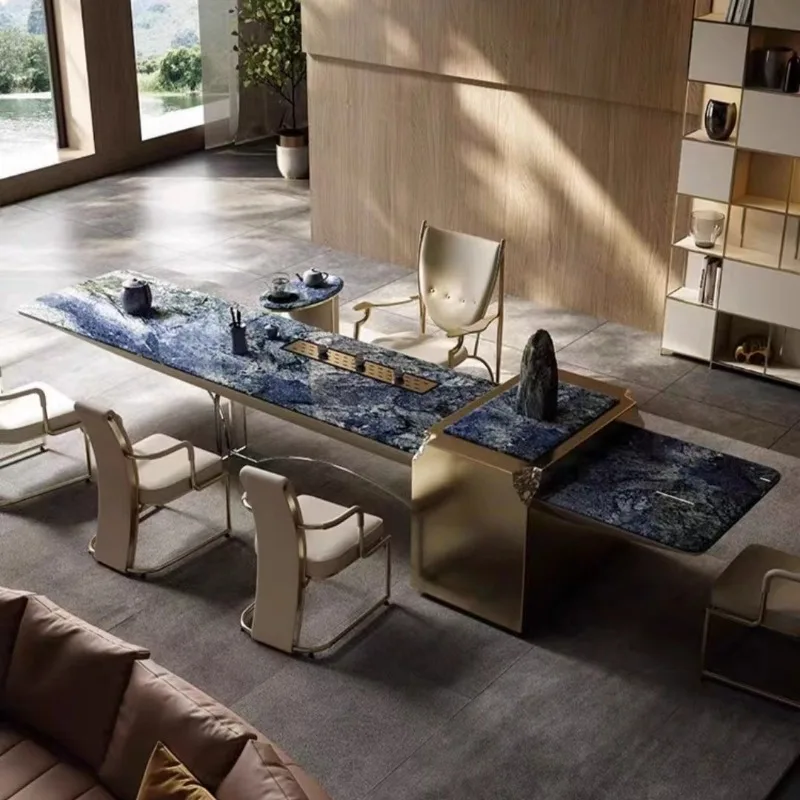 New Chinese luxury tea table imported rock slab stainless steel brushed electroplating process villa apartment living room large