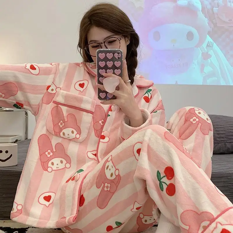 Sanrio Kuromi Girl Flannel Cardigan Pajama Set Winter Kawaii My Melody Comic Student Thickening Keep Warm Go Out Leisure Wear