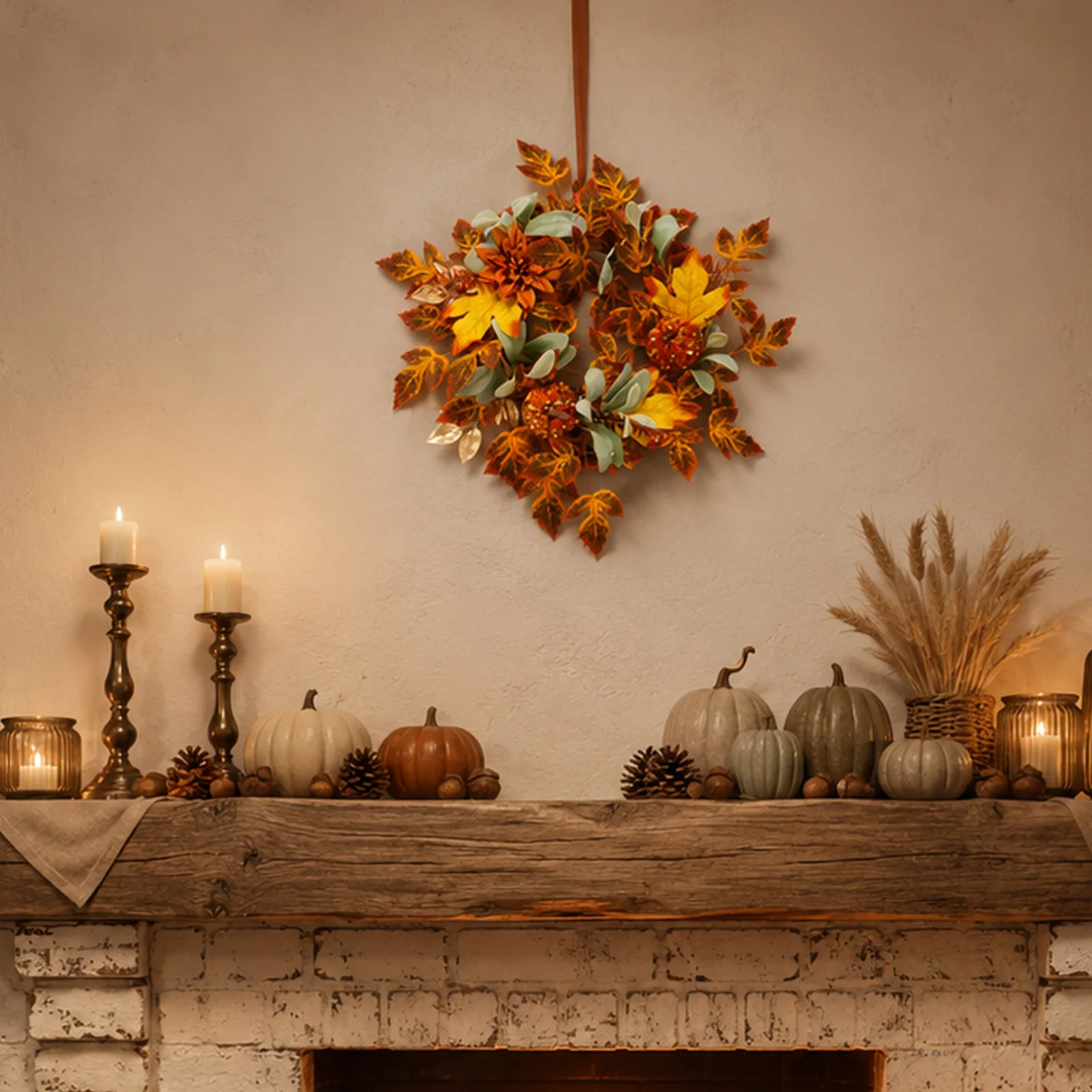 Artificial Autumn Swag with Sequined Pumpkins Orange Dahlias and Gradient Maple Leaves for Indoor Outdoor Decor
