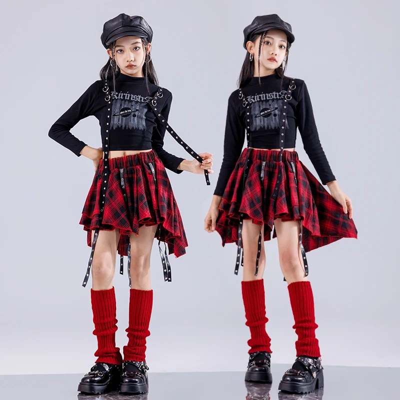 Kid Hip Hop Clothing Streetwear Shirt Black Casual Cargo Pants Strap Pleated Skirt for Girls Jazz Dance Show Costumes Clothes